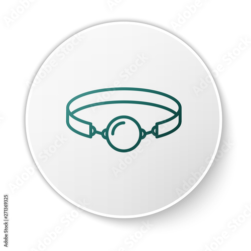 Green Silicone ball gag with a leather belt icon isolated on white background. Fetish accessory. Sex toy for men and woman. White circle button. Vector Illustration