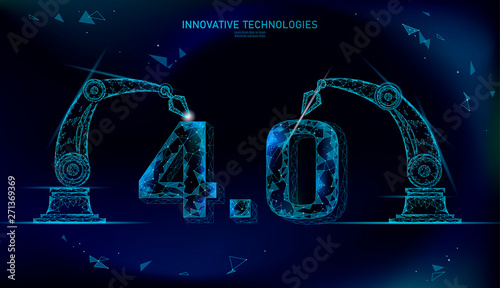 Low poly future industrial revolution concept. Industry 4.0 number assembled by robotic arm. Online technology industry management. 3D polygonal innovation system vector illustration