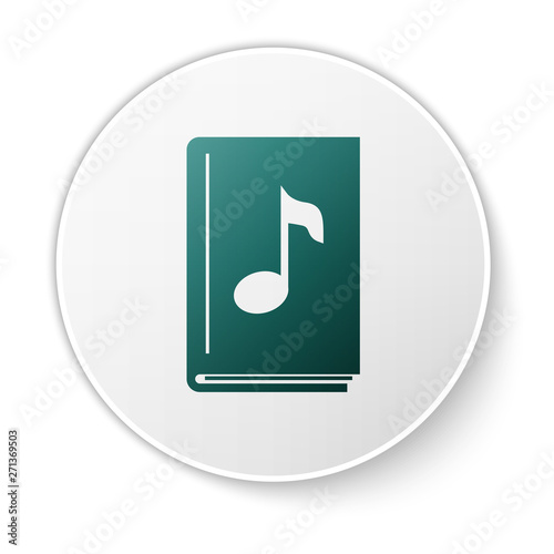 Green Audio book icon isolated on white background. Musical note with book. Audio guide sign. Online learning concept. White circle button. Vector Illustration