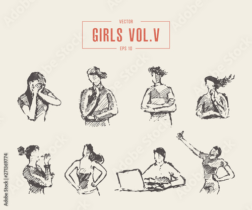 Set various teenage girls emotions poses vector