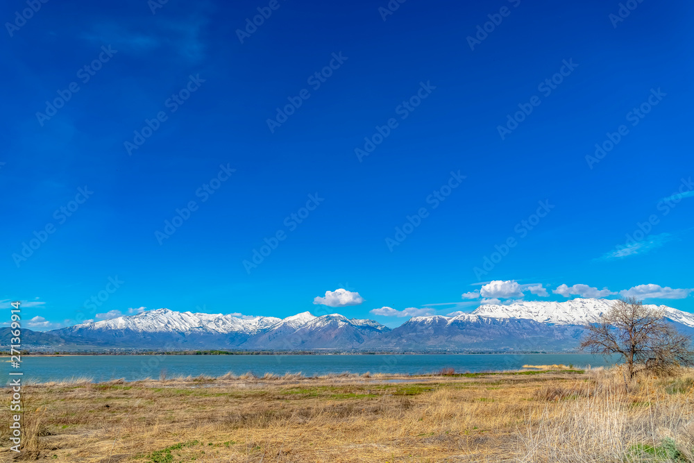 Brown grasses on the shore of a lake that reflects the blue sky on a sunny day
