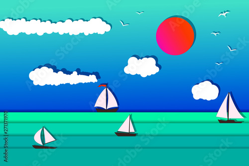Sea view with sailing boat. Yachting active sport. Summer travel and holidays concept.  
