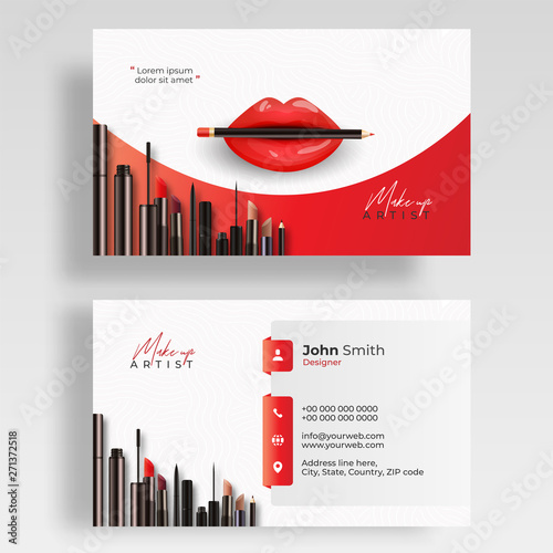 Make Up Artist business card set. Cosmetic products vector illustration for template, banner or booklet design.