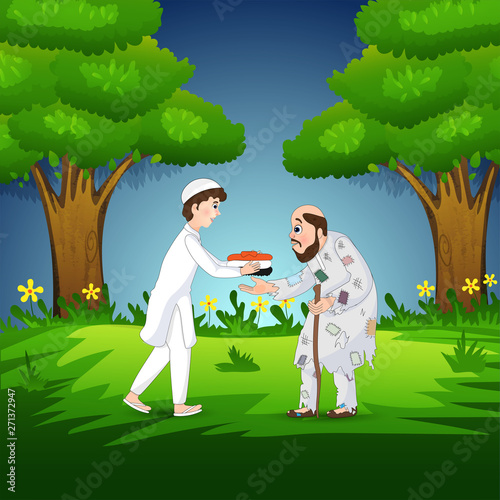 Muslim boy giving cloth to old beggar on nature view background.