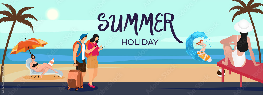 Summer Holiday header or banner design with tourist in different activity on beach background.