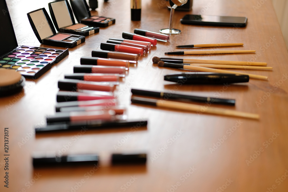 Obraz premium beauty cosmetic makeup essentials on stylish artist table