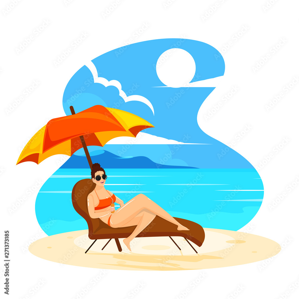 Young woman relaxing on beach chair for Summer vacation poster or banner design.