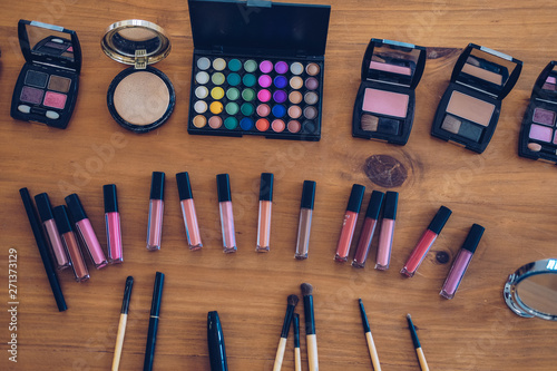 beauty cosmetic makeup essentials on stylish artist table