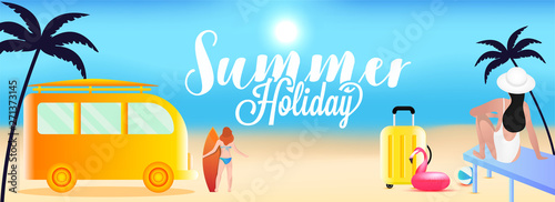 Summer Holiday header or banner design with tourist bus and women in different pose on beach background.