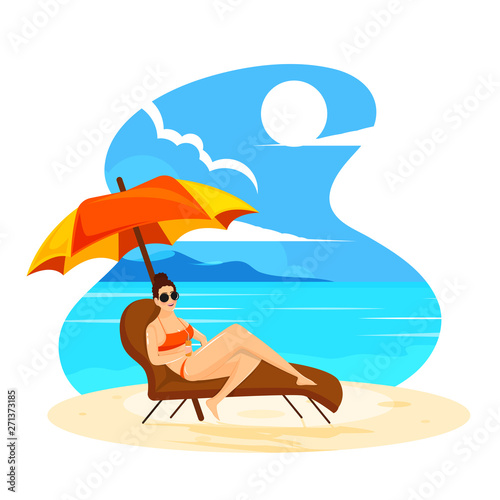 Young woman relaxing on beach chair for Summer vacation poster or banner design.