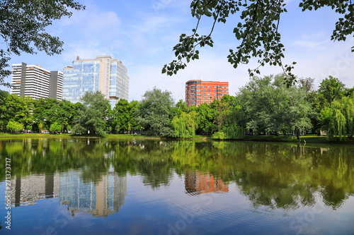 beautiful landscape with a lake and a forest on the background of multi-storey houses