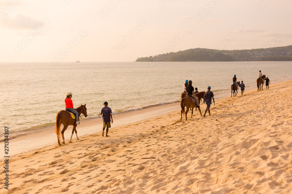 Horses on the beach at sunset