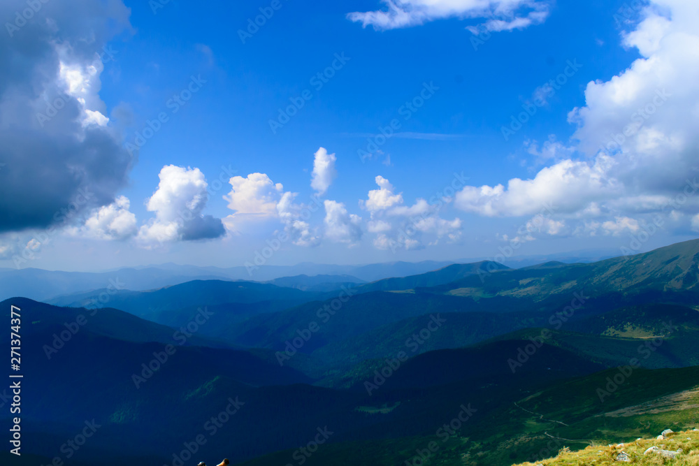 Panoramic view from Hoverla, Carpathian mountains, Ukraine. Horizontal outdoors shot