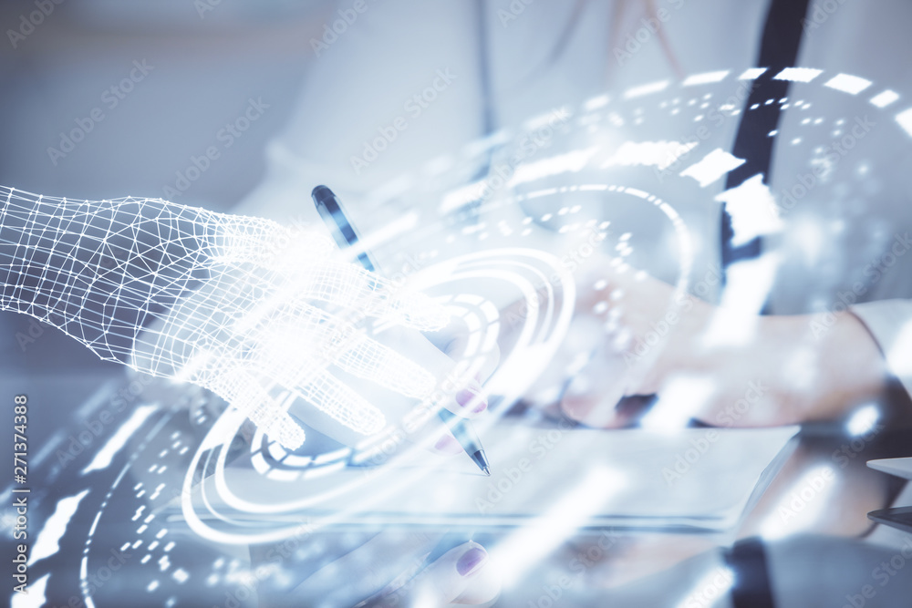 Multi exposure of woman's writing hand on background with data technology hud. Big data concept. Multi exposure of woman's writing hand on background with data technology hud. Big data concept.
