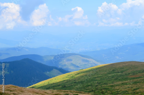 Panoramic view from Hoverla, Carpathian mountains, Ukraine. Horizontal outdoors shot