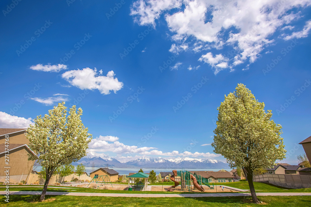 Panorama of park and houses with view of lake and mountain under cloudy sky