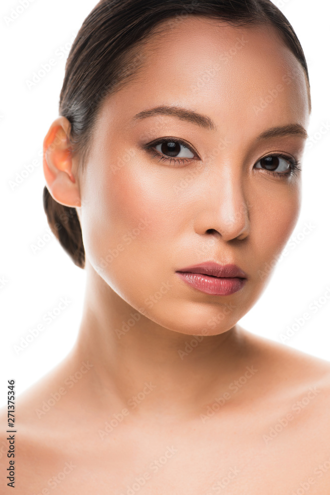 Fototapeta premium brunette asian girl with clean face, isolated on white