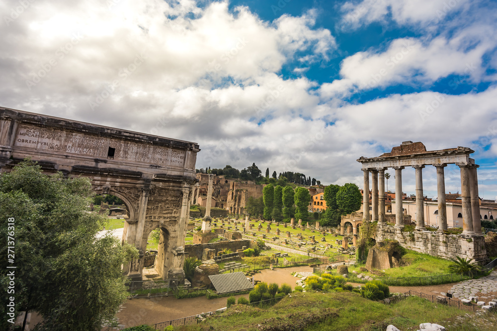 Ancient ruins of Palatine Hill in sunlight, the historical place in Rome, Italy