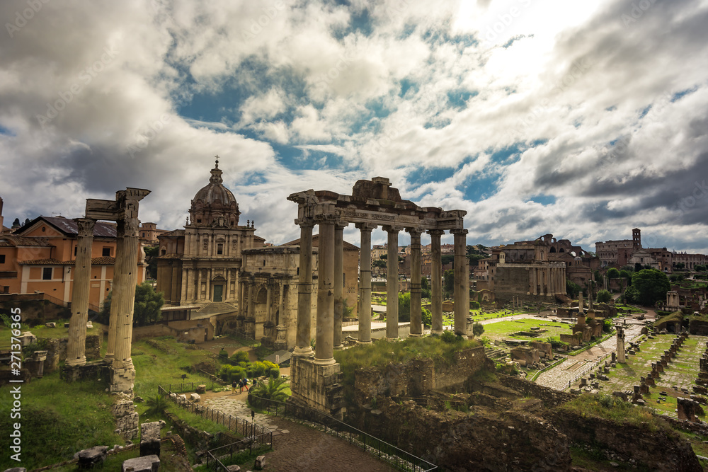 Panoramic view of Palatine Hill in sunlight, the historical place in Rome, Italy