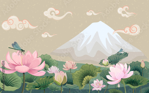 Vector illustration with lotuses and mountain.