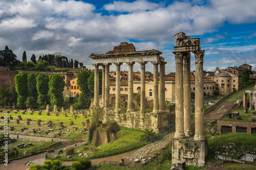 Ancient ruins of Palatine Hill in sunlight, the historical place in Rome, Italy