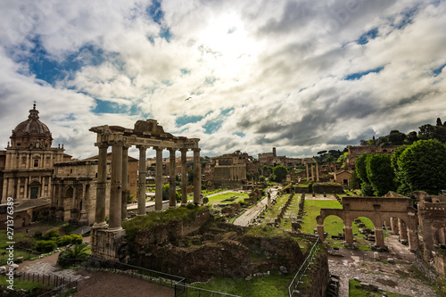 Panoramic view of Palatine Hill in sunlight, the historical place in Rome, Italy