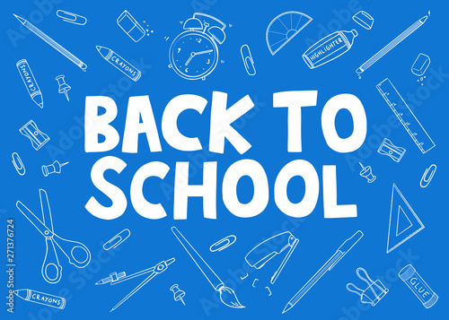 Back To School doodle with stationary tools. Vector illustration blueprint doodle on wide background. Hand drawn outline of stationary tools. For print, web, home decor, fashion, surface, graphic desi