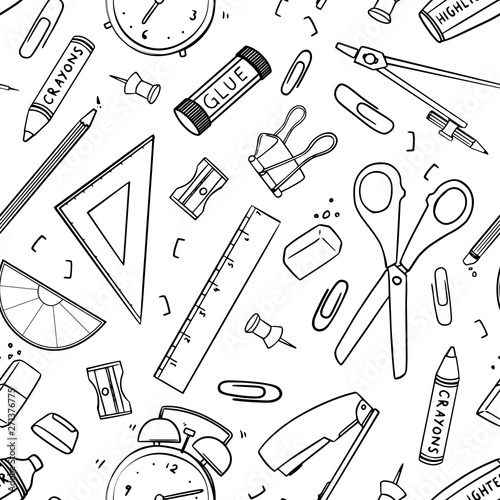 Stationary tool pattern. Seamless vector design; Hand drawn outline of eraser, triangular ruler, scissor, sharpener, pencil, glue stick, paper clip, crayons, alarm clock, highlighter, ruler. For print