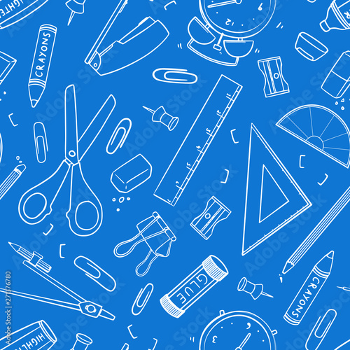 Blueprint of Stationary tool pattern. Seamless vector design; Hand drawn outline of eraser, triangular ruler, scissor, sharpener, pencil, glue stick, paper clip, crayons, alarm clock, highlighter, rul photo