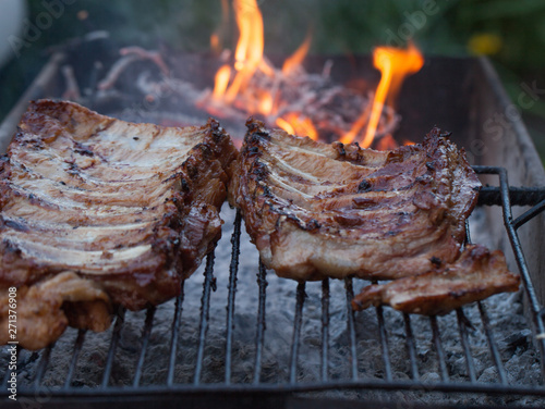 Grilled barbeque port. Cooking outdoor. Marinated grilled ribs. Summer picnic. Cooking dinner. Spareribs Ribs Close-up On The Hot Flaming Grill.