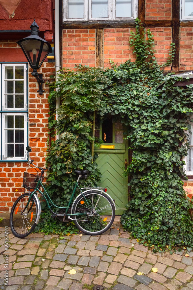Old wooden front door decorated by plant in house. Luneburg. Germany Old wooden front door decorated by plant in house. Luneburg. Germany