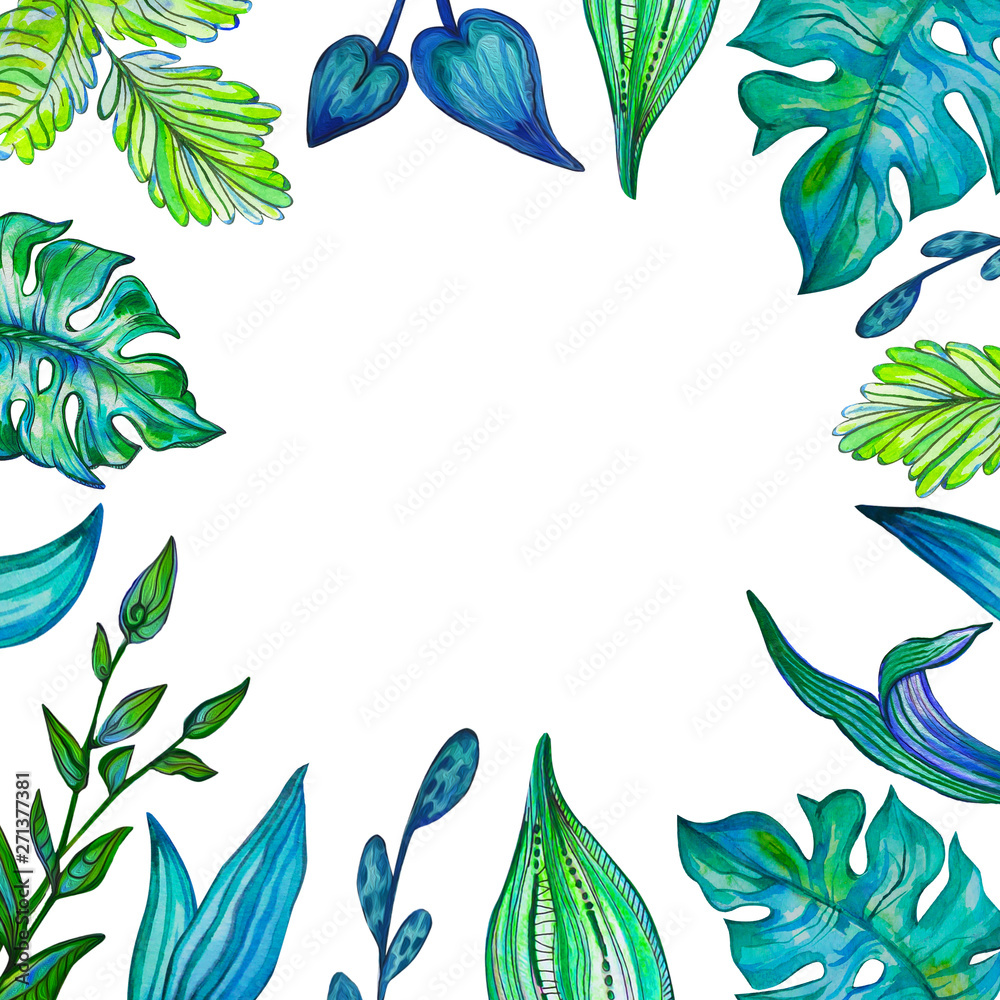 Summer plants with decorative leaves. Monstera stylized leaf on white isolated background. Frame from plants along the contour.