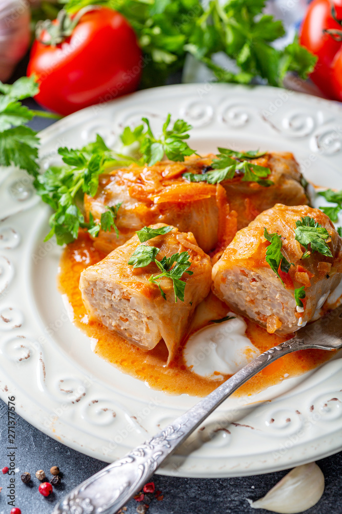 Cabbage rolls stuffed with ground beef and rice. Cabbage rolls stuffed with ground beef and rice.