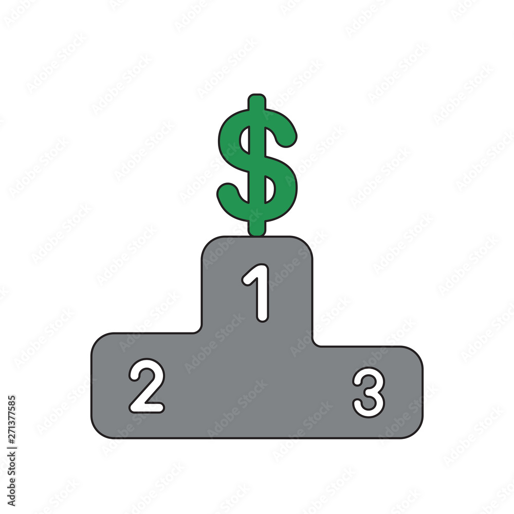 Vector icon concept of dollar on first place of winners podium. Vector icon concept of dollar on first place of winners podium.