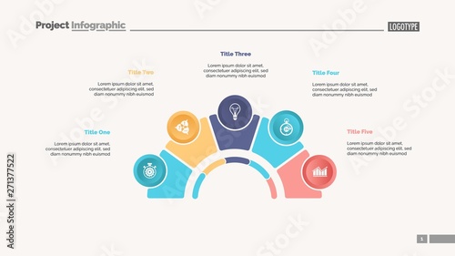 Process chart with five elements. Step diagram, pie chart, layout. Creative concept for infographics, presentation, project, report. Can be used for topics like management, strategy, planning.