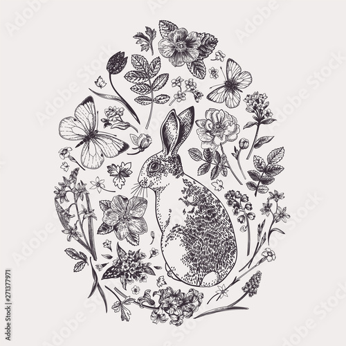 Herbal composition with flowers and rabbit.