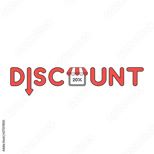 Vector icon concept of discount word with arrow down and percent 20 inside shop store.