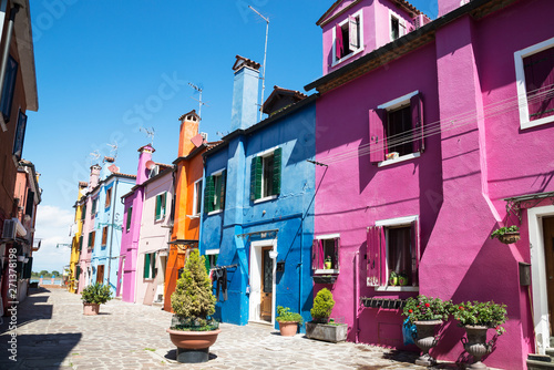 Bright colorful houses on Burano island on the edge of the Venetian lagoon. Venice, Italy