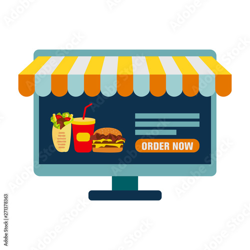 Ordering food online vector. Flat Icon of Computer PC as Showcase of Shop Concept of Online Shop