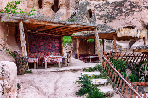 Authentic wooden cafe in the mountains. Rose Valley in Cappadocia. photo
