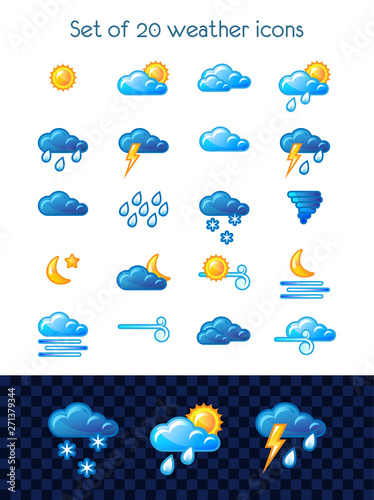Set of 20 weather icons on white and transparent background. Vector illustration.