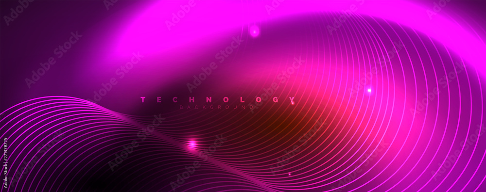 Bright neon circles and wave lines, glowing shiny background design template, digital techno concept. Bright neon circles and wave lines, glowing shiny background design template, digital techno concept.