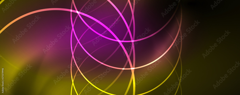 Bright neon circles and wave lines, glowing shiny background design template, digital techno concept. Bright neon circles and wave lines, glowing shiny background design template, digital techno concept.