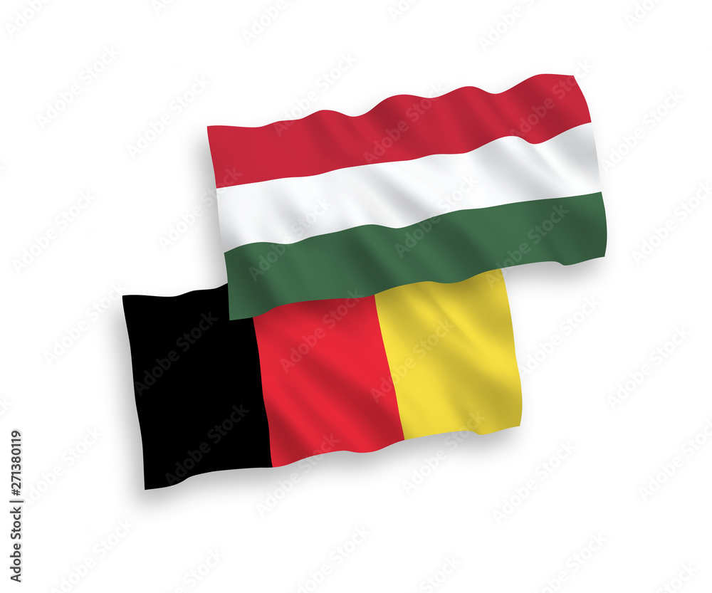National vector fabric wave flags of Hungary and Belgium isolated on white background. 1 to 2 proportion.
