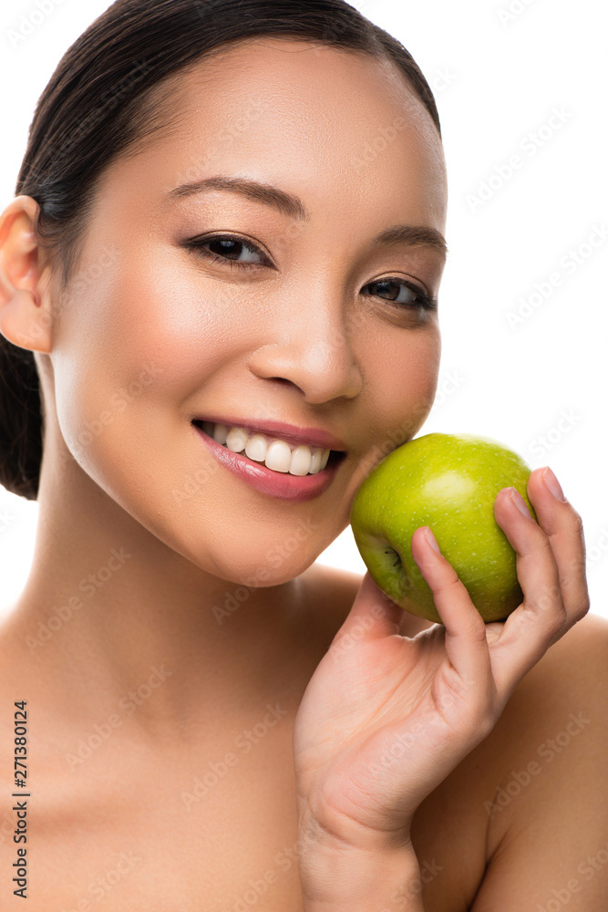 beautiful smiling asian woman holding green apple, isolated on white beautiful smiling asian woman holding green apple, isolated on white