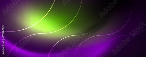 Shiny neon lights, dark abstract background with blurred magic neon light curved lines