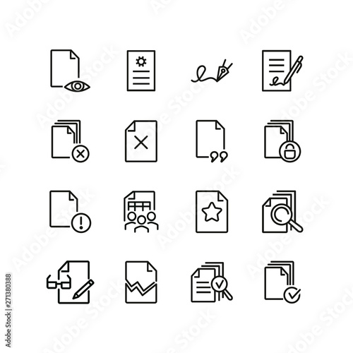 Documents line icon set. File, print, torn, lock, signature. Paperwork concept. Can be used for topics like agreement, business, approved document