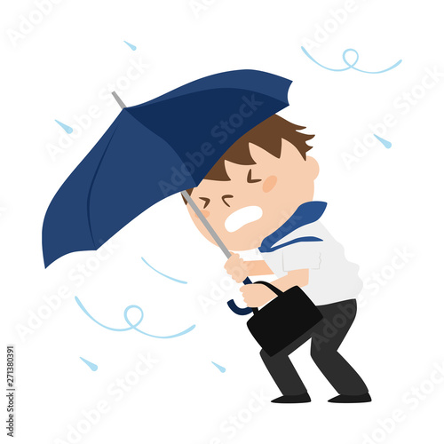 ビジネスマンのイラスト。台風の中、頑張って傘をさして帰る男性。