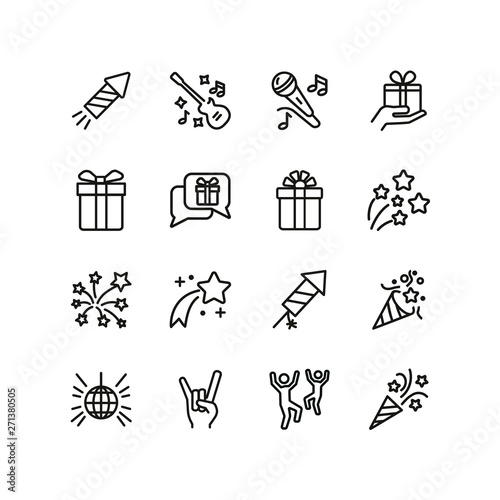 Party line icon set. Gift, firework, dancing, music. Entertainment concept. Can be used for topics like fun, holiday, celebration