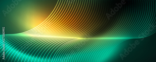 Shiny neon lines template - northern lights glowing blur lines. Futuristic style glow neon 80s disco club or night party techno template